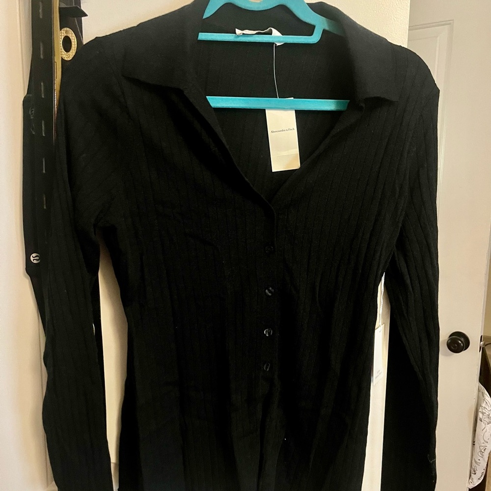 Abercrombie & Fitch Black Ribbed Merino Wool Cardigan